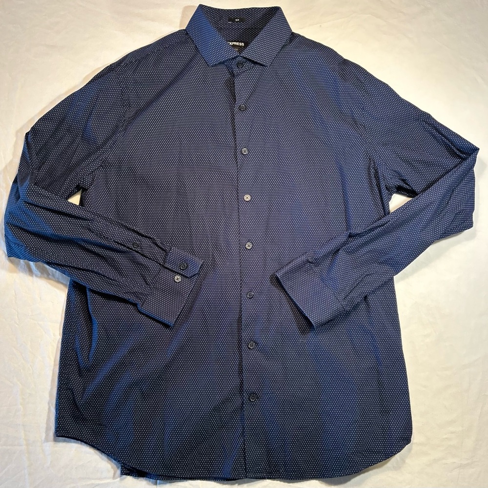 Express Slim Fit Navy Blue White Polka Dot  Men’s XL Long Sleeve Button Up Shirt